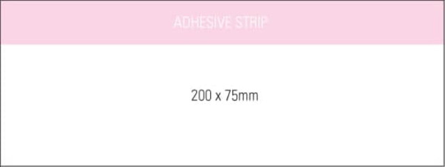 A notepad measuring 200x75mm with an adhesive strip, featuring a clean white design and a pink header.