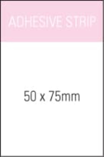 A notepad featuring a white cover with a pink header, size 50 x 75mm, and an adhesive strip at the top.