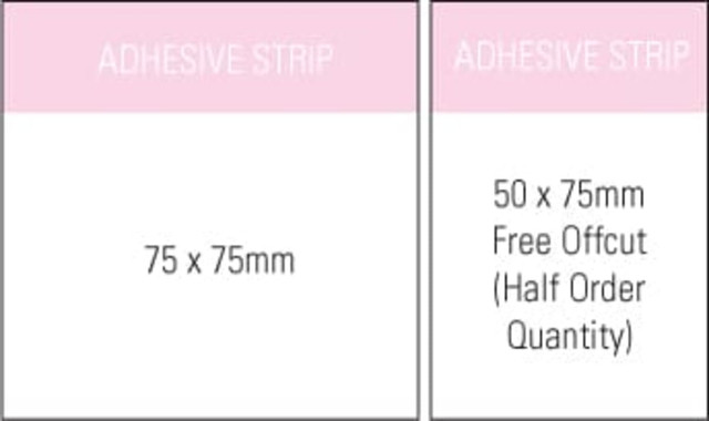 A sticky note pad measuring 75x75 mm in size, featuring an adhesive strip, in a plain design.