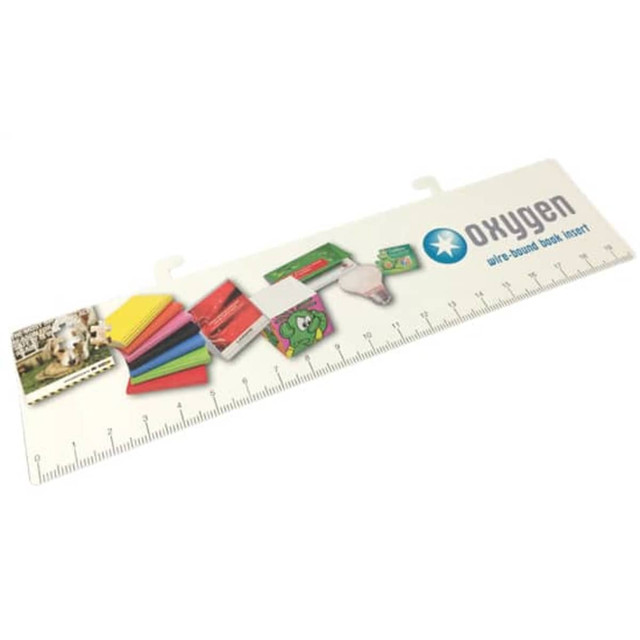 A ruler with a colourful design featuring various stationery items and branding, measuring 200x50mm with a hanging feature.