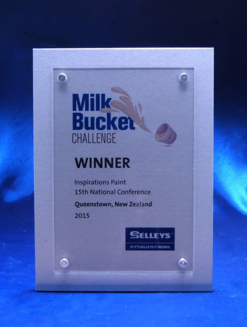 A silver metal plaque featuring an acrylic front, detailing an award with a logo and decorative elements. A silver metal plaque featuring an acrylic front, detailing an award with a logo and decorative elements.