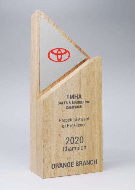 A wooden award with a triangular design and a silver printed plate, featuring a logo and engraved text. A wooden award with a triangular design and a silver printed plate, featuring a logo and engraved text.