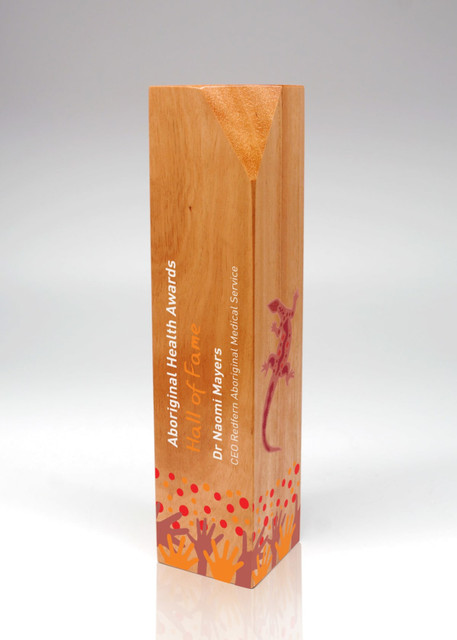 A wooden trophy with a sleek design, featuring an orange top and colourful graphics. Includes a logo. A wooden trophy with a sleek design, featuring an orange top and colourful graphics. Includes a logo.