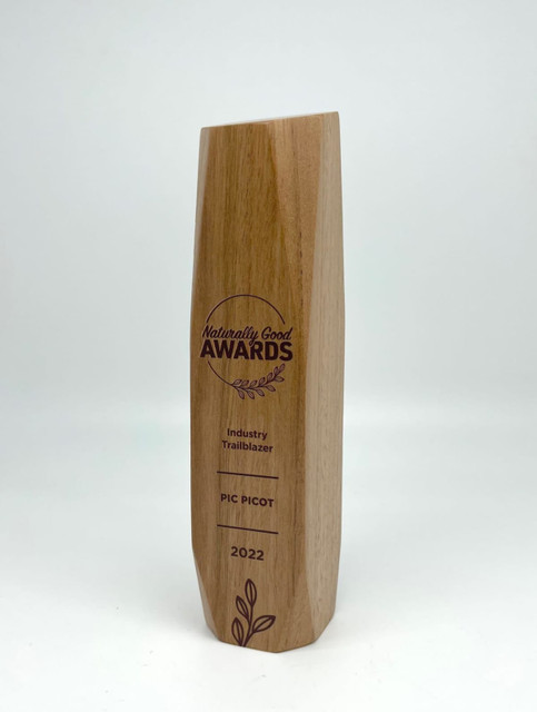A wooden trophy with a sleek design, featuring a logo and engraved text in brown.