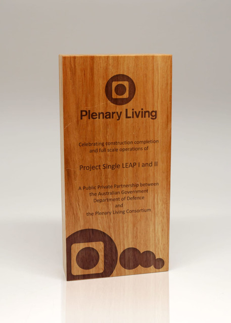 A wooden trophy in a light brown shade with a logo and engraved text celebrating a project completion.