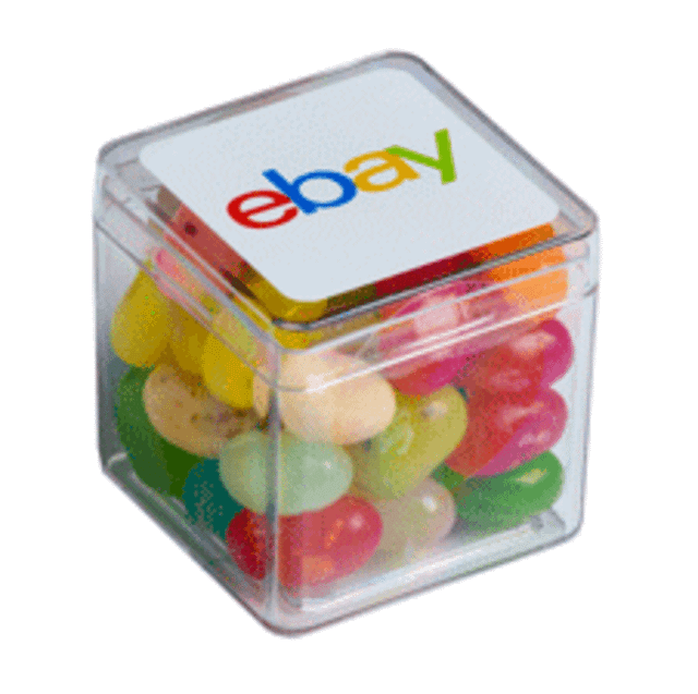 A clear cube filled with multicoloured JELLY BELLY jelly beans, featuring a top with a logo.