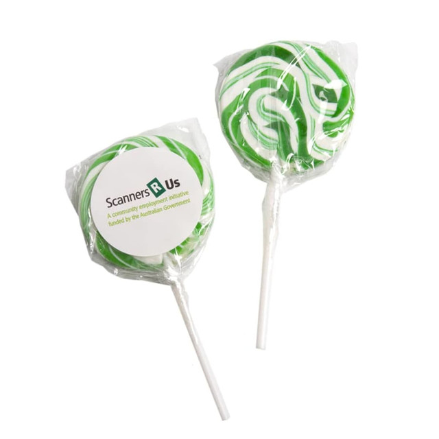 Medium green lollipops, unbranded, wrapped with a logo sticker, displayed on white sticks. Medium green lollipops, unbranded, wrapped with a logo sticker, displayed on white sticks.