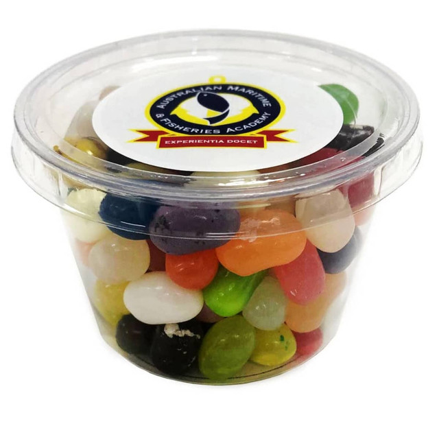 A tub filled with assorted JELLY BELLY jelly beans in various colours, including orange, green, and black. A tub filled with assorted JELLY BELLY jelly beans in various colours, including orange, green, and black.