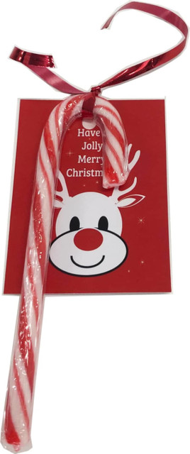 A red and white striped candy cane tied with a red ribbon, attached to a festive card featuring a reindeer face. A red and white striped candy cane tied with a red ribbon, attached to a festive card featuring a reindeer face.