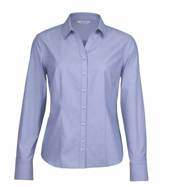 A women's button-up shirt in a blue and white pattern with long sleeves and a collared neckline. A women's button-up shirt in a blue and white pattern with long sleeves and a collared neckline.