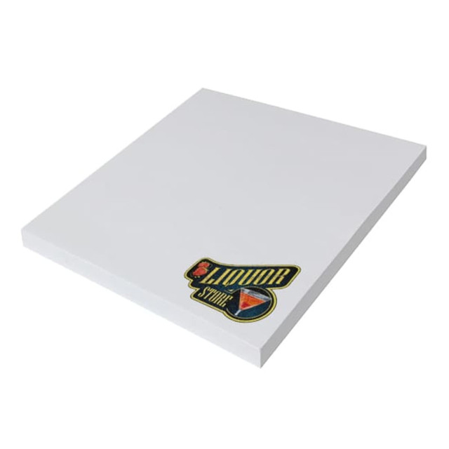 White sticky notes in a square shape with a logo in the corner, featuring a colourful design.