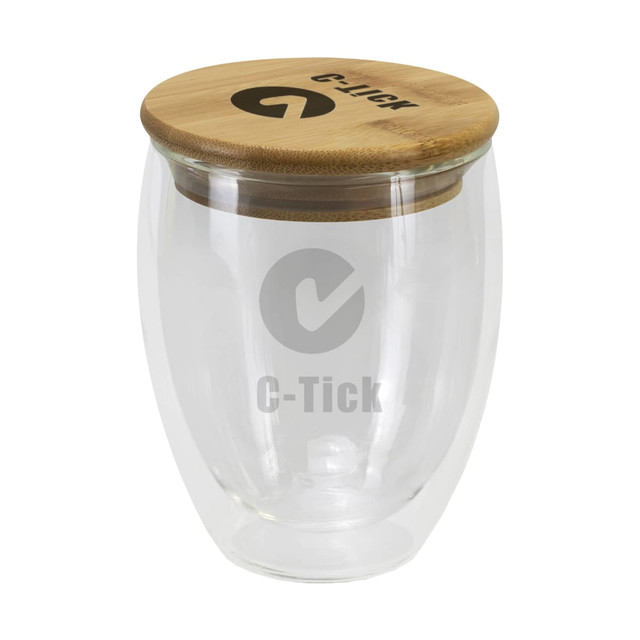 A drink bottle with a clear glass body and a bamboo lid, featuring a logo on the front.