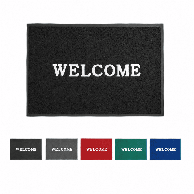 A black welcome mat featuring a white logo, displayed alongside mats in grey, red, blue, and green.