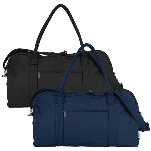A recycled canvas duffel bag in black and navy, featuring carrying handles and external zip pockets.