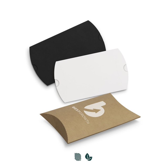 A set of three small pillow boxes in black, white, and brown with a logo on the brown box.