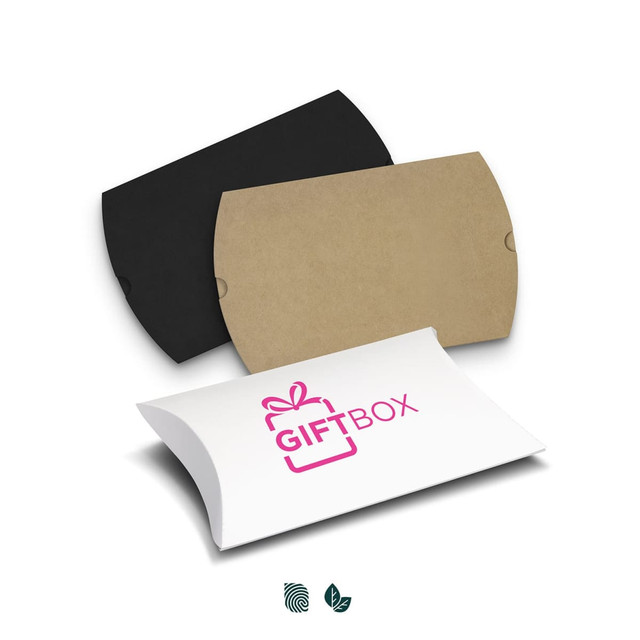 Three pillow boxes in black, brown, and white, with the white box featuring a logo design.