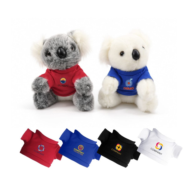 Two koala plush toys wearing red and blue shirts, displayed alongside shirt samples in black and white.