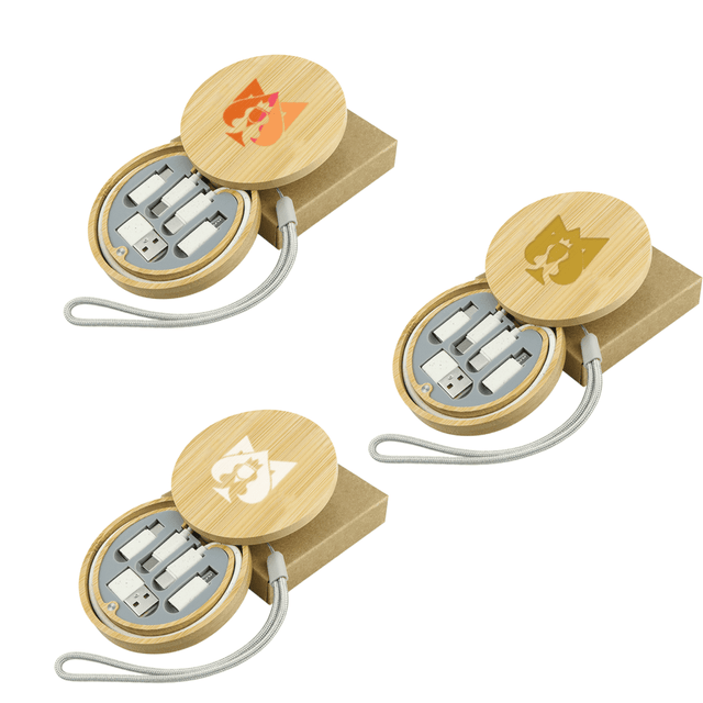 A bamboo circle cable kit with various connectors and a textured exterior, presented in a cardboard box.