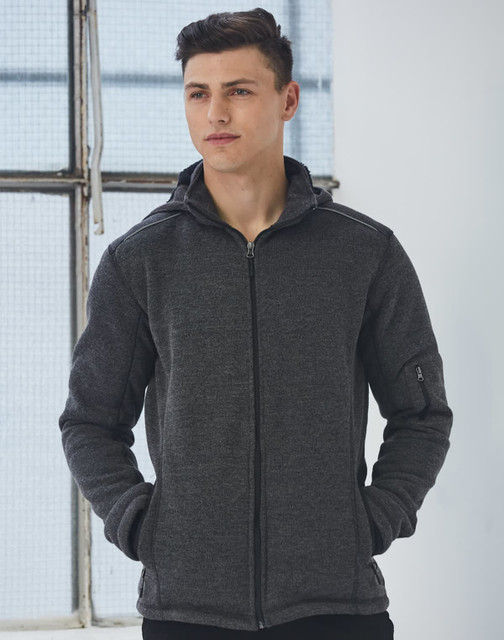 Men's heather bonded fleece jacket in dark grey, featuring a zip front and hood, with a logo on the sleeve. Men's heather bonded fleece jacket in dark grey, featuring a zip front and hood, with a logo on the sleeve.