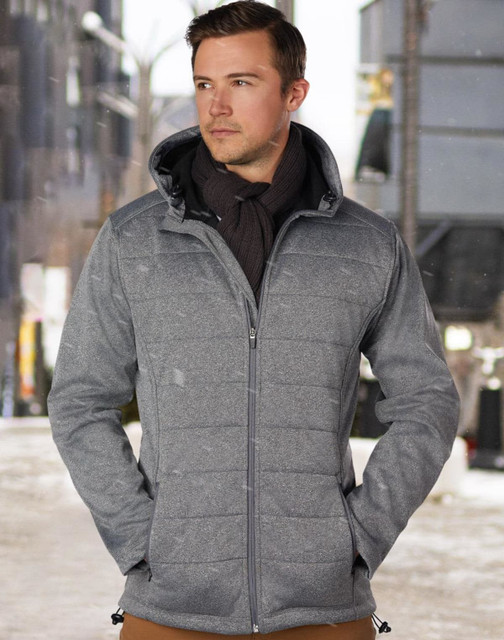 A men's cationic quilted jacket in shades of grey, featuring a zip front and a hood. The model wears a scarf. A men's cationic quilted jacket in shades of grey, featuring a zip front and a hood. The model wears a scarf.