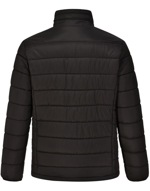 A black men's sustainable insulated puffer jacket with a 3D cut, featuring a sleek, quilted design. A black men's sustainable insulated puffer jacket with a 3D cut, featuring a sleek, quilted design.
