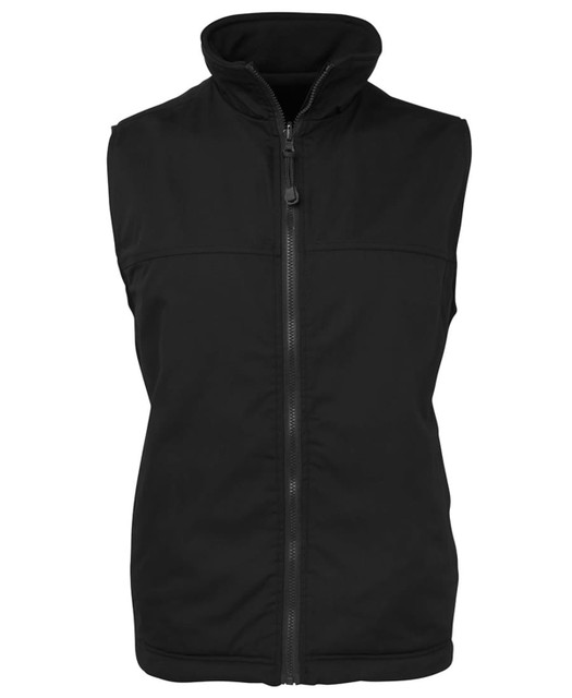 A black reversible vest with a high collar and front zipper, featuring a branding logo. A black reversible vest with a high collar and front zipper, featuring a branding logo.