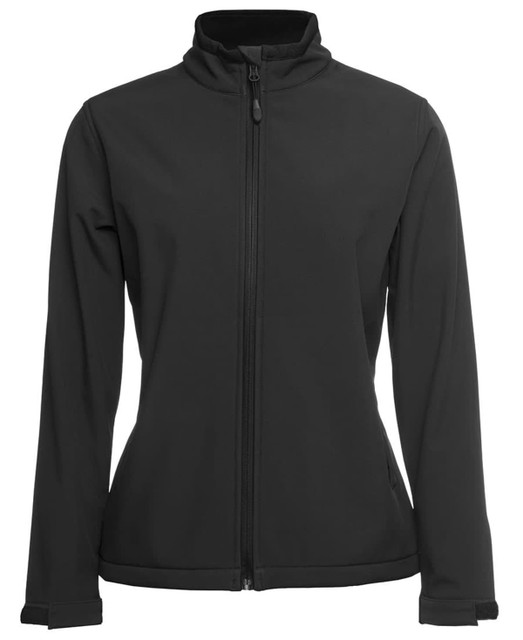 A black three-layer softshell jacket with a zip front and a high collar. It features branding on the fabric.