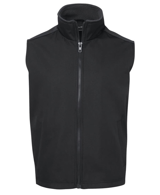 A black vest with a high collar and full front zipper. It features a soft inner lining and has a logo.