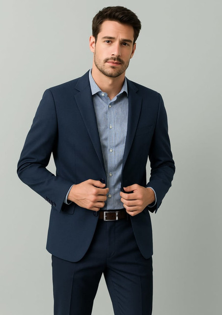 A navy blue men's blazer, tailored fit, worn over a light blue shirt, featuring a logo on the lapel.