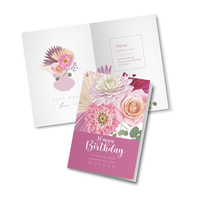 A6 greeting card featuring floral designs in pink and cream, with a message celebrating Mother's birthday. Has branding. A6 greeting card featuring floral designs in pink and cream, with a message celebrating Mother's birthday. Has branding.