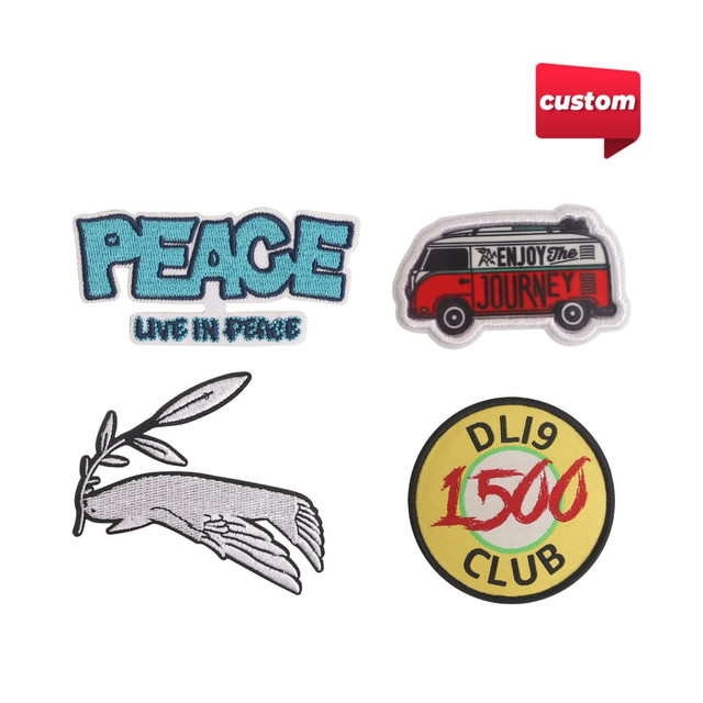 Four custom woven patches featuring various designs: a blue "Peace" patch, a red vintage van patch, a black and white feather patch, and a circular patch in yellow and red. Four custom woven patches featuring various designs: a blue "Peace" patch, a red vintage van patch, a black and white feather patch, and a circular patch in yellow and red.