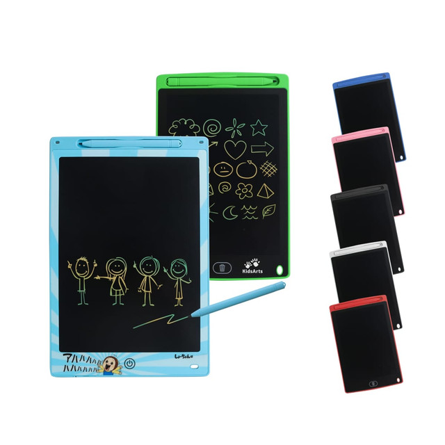 Two LCD writing drawing tablets in blue and green, with five additional tablets in black, red, and pink. Each has a stylus.