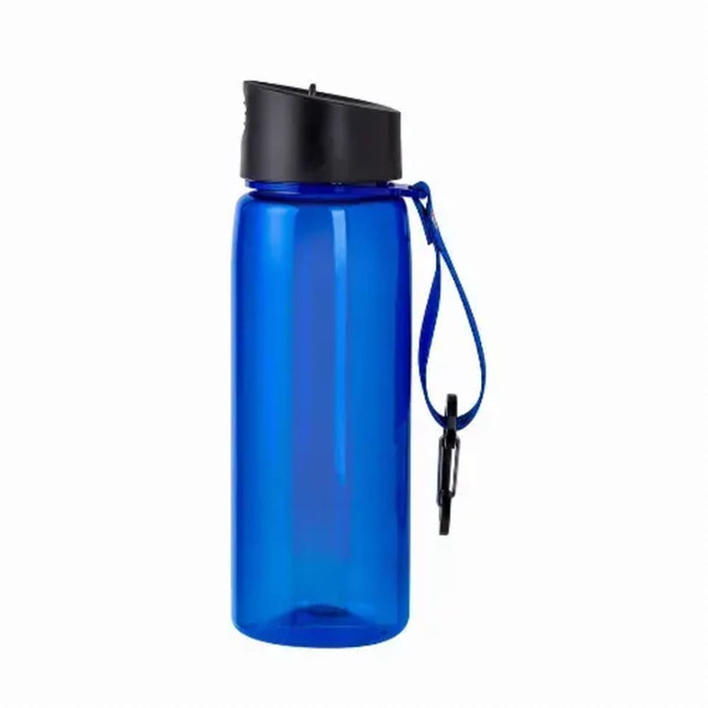 A drink bottle in vibrant blue with a black lid and a blue carabiner attachment. It has a branding logo. A drink bottle in vibrant blue with a black lid and a blue carabiner attachment. It has a branding logo.