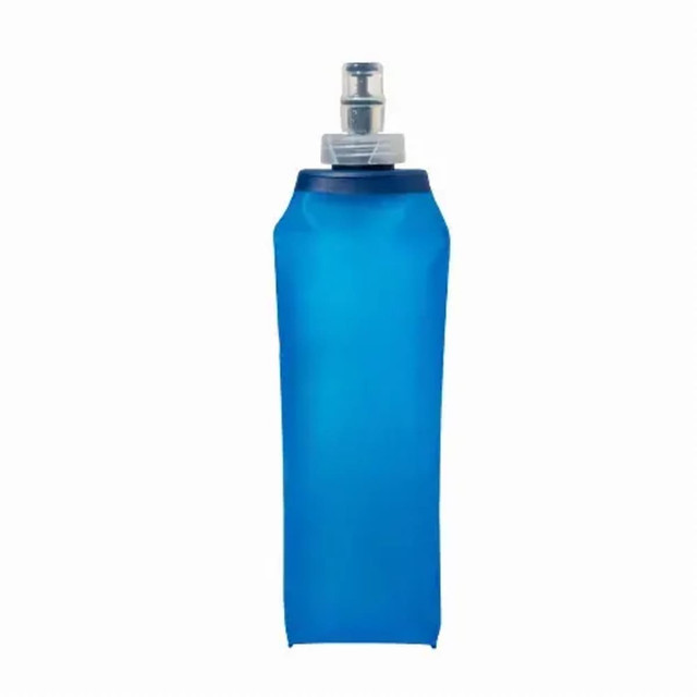 A drink bottle in a vibrant blue, foldable design with a screw-top cap and a logo on the body.