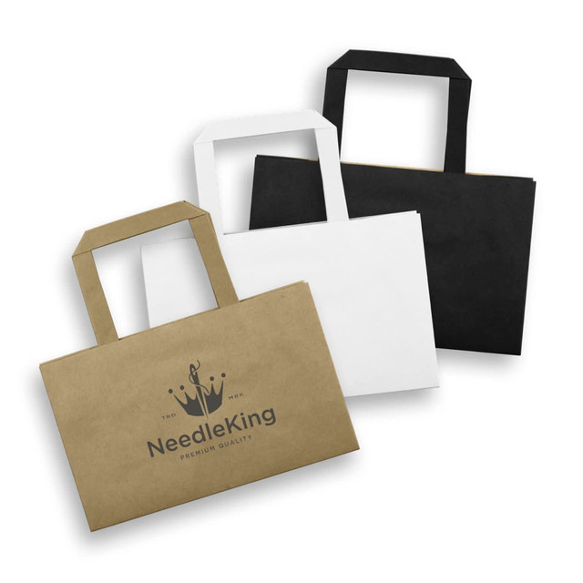 A small flat handle paper bag set in black, white, and brown, featuring a logo on each bag.