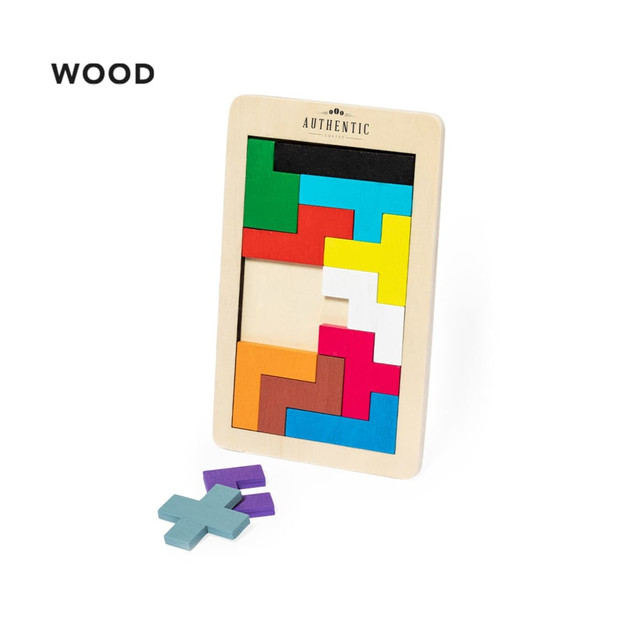 A wooden puzzle featuring colourful geometric pieces in various shapes, with an incomplete square design. A wooden puzzle featuring colourful geometric pieces in various shapes, with an incomplete square design.