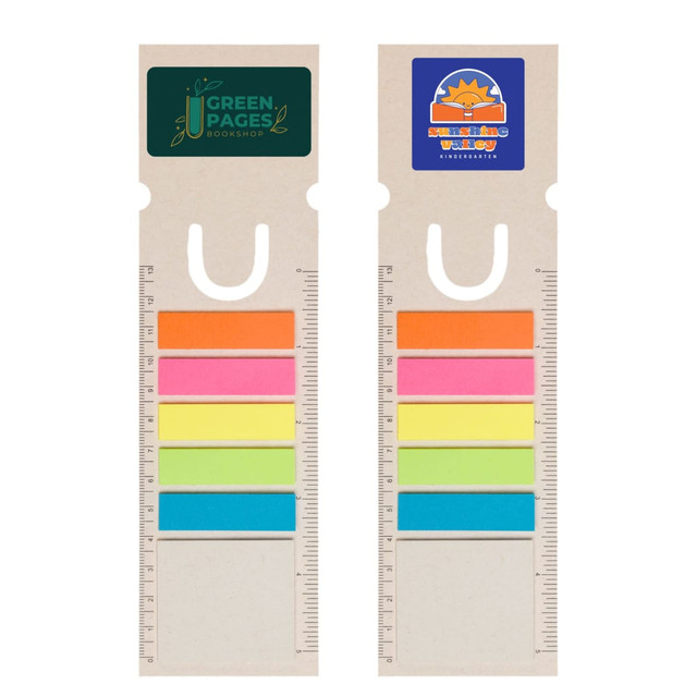 A rectangular bookmark with a ruler, featuring colorful sticky tabs and logos at the top. A rectangular bookmark with a ruler, featuring colorful sticky tabs and logos at the top.