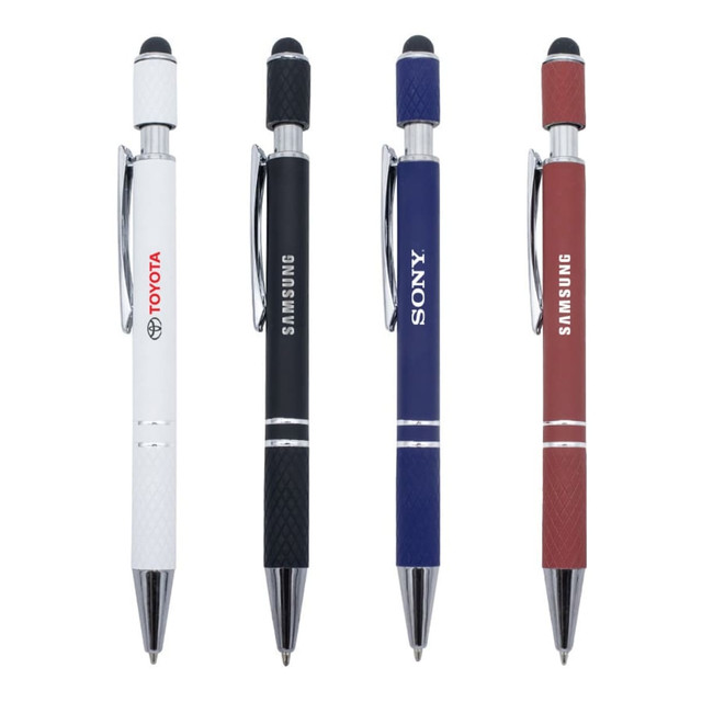 A set of four metal pens in black, white, blue, and red, each with a logo and stylus tip.