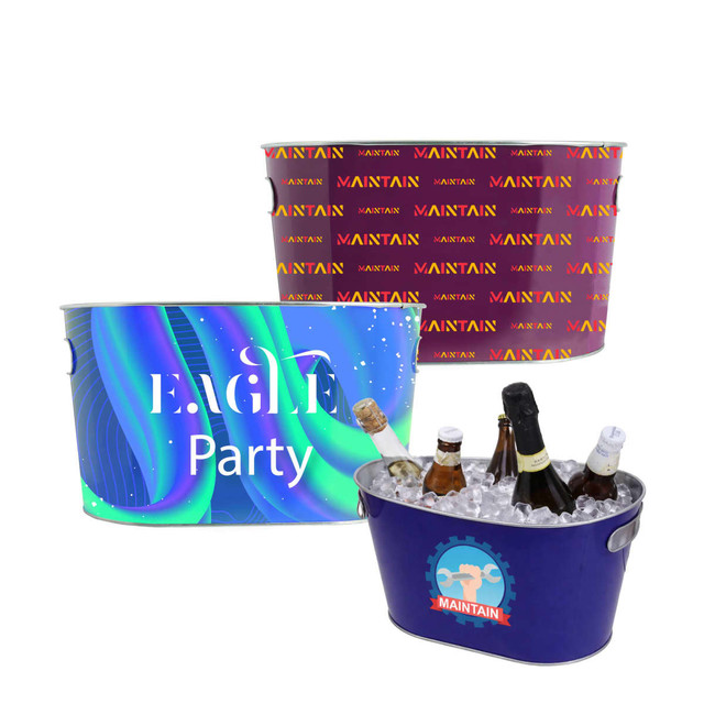 A set of three oval ice buckets in varying designs and colours, featuring one with a logo.
