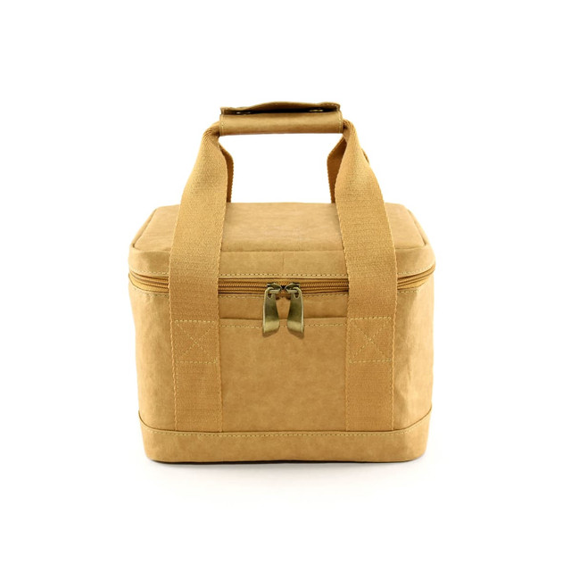 A tan Kraft paper lunch cooler bag with a zip closure and dual handles for easy carrying. A tan Kraft paper lunch cooler bag with a zip closure and dual handles for easy carrying.