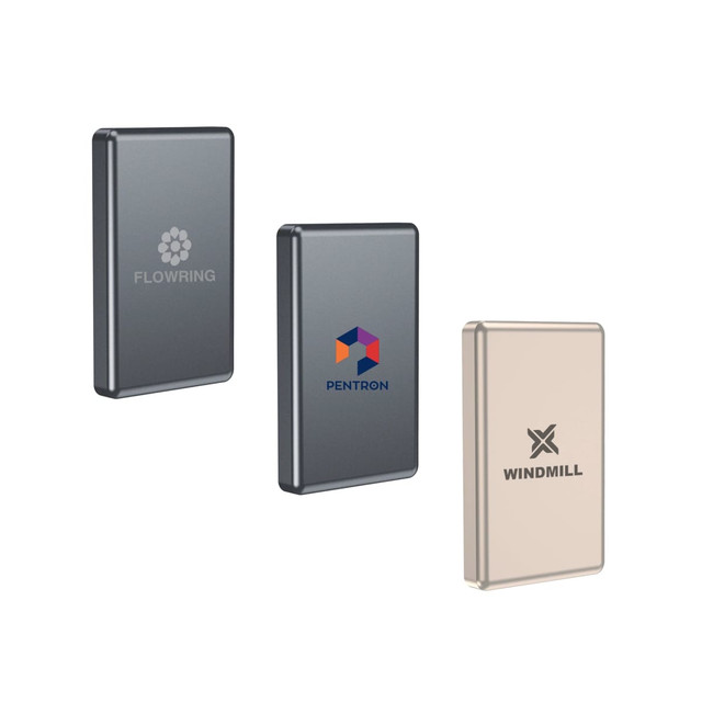 Three aluminium magnetic power banks in black and silver, featuring various logos on the surface.