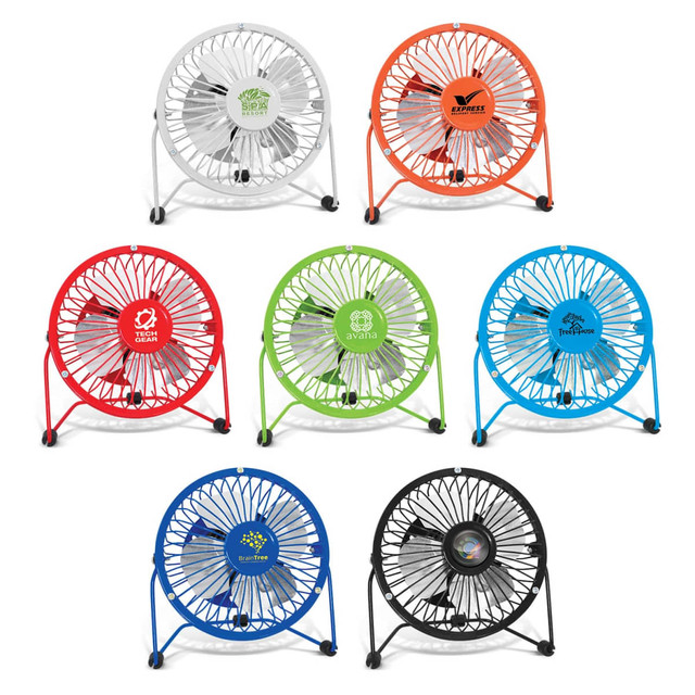 A collection of eight small desk fans in various colours including red, blue, orange, and white, with logos on some.