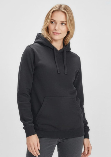 A black women's crew hoodie featuring a front pocket and a hood, with a simple design and a logo.