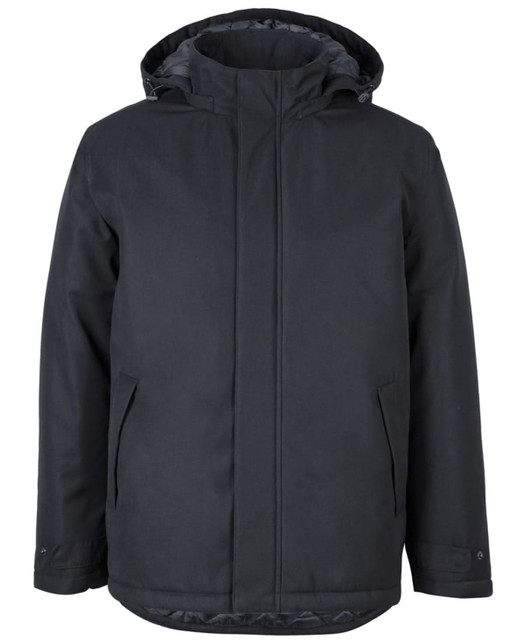 A black rain jacket with a hood, featuring a simple design and side pockets. It includes a branding logo.