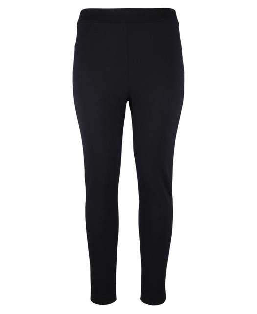 Black ladies' ponte pants with a sleek design. Features an elastic waistband and no visible logos. Black ladies' ponte pants with a sleek design. Features an elastic waistband and no visible logos.