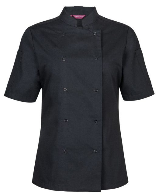 A black ladies short sleeve chefs jacket featuring snap buttons and a collar. Includes a logo on the garment.