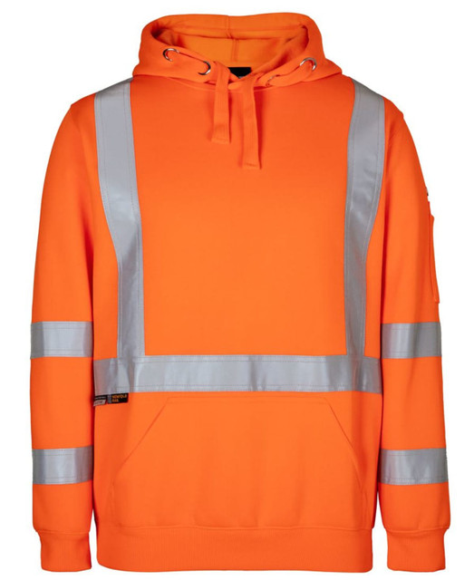 An orange hoodie with reflective stripes and a logo, designed for workwear. An orange hoodie with reflective stripes and a logo, designed for workwear.