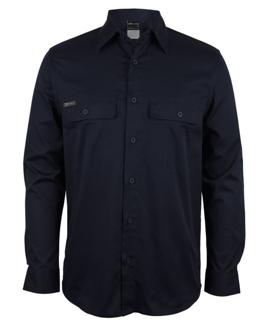 A navy long-sleeve work shirt featuring two chest pockets and a logo. Ideal for workwear use.