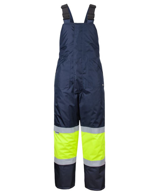A pair of navy and lime bib and brace overalls with reflective tape, designed for safety wear. A pair of navy and lime bib and brace overalls with reflective tape, designed for safety wear.