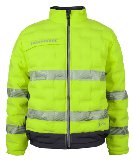 A bright yellow puffer jacket with reflective strips and a black hem, featuring a logo.